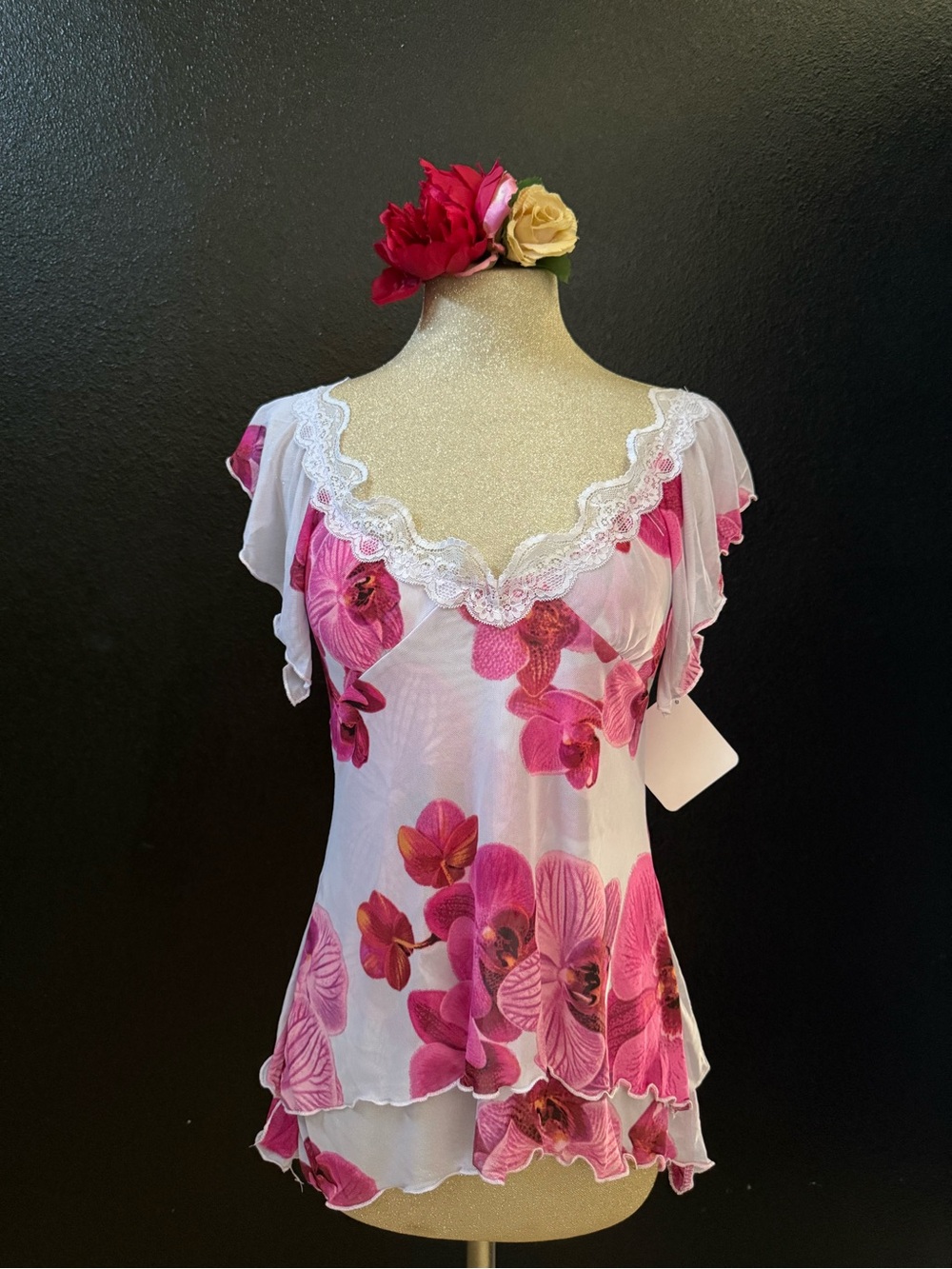 Pink Floral Lace-Trim Sheer Blouse